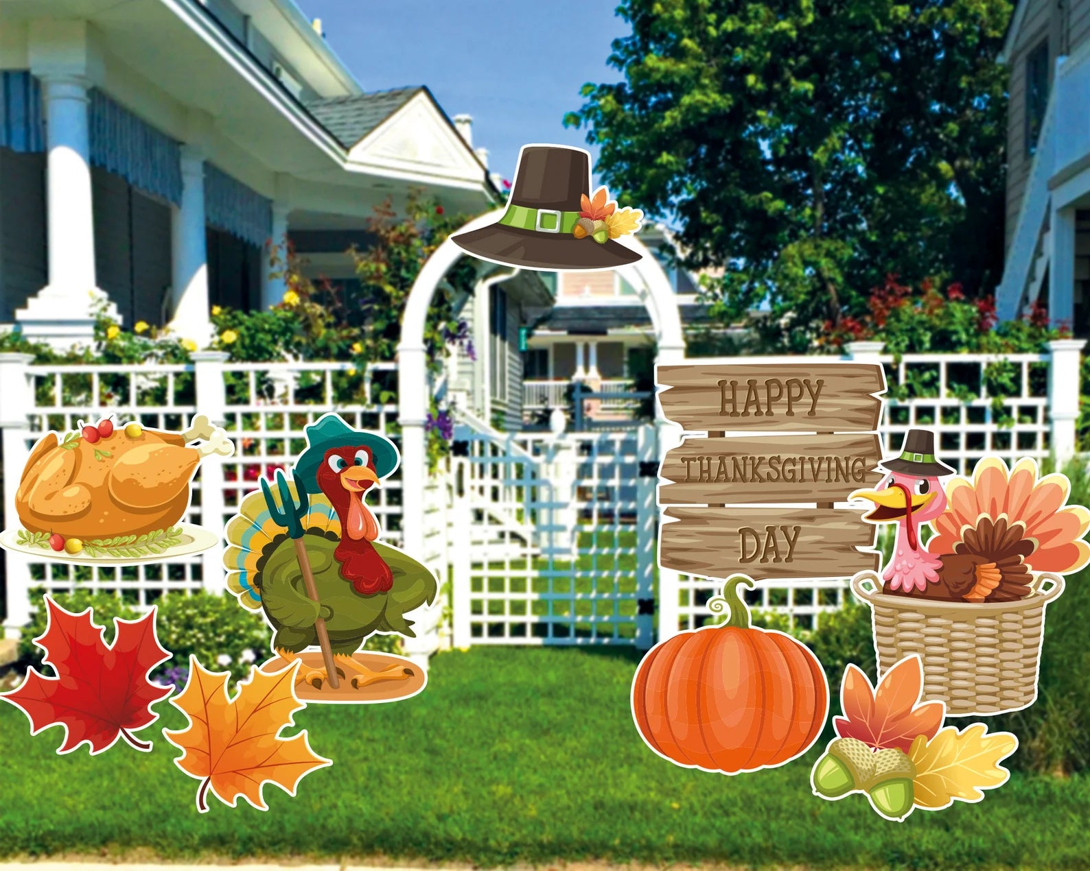 Happy Thanksgiving Yard Sign with Turkey and Pumpkin
