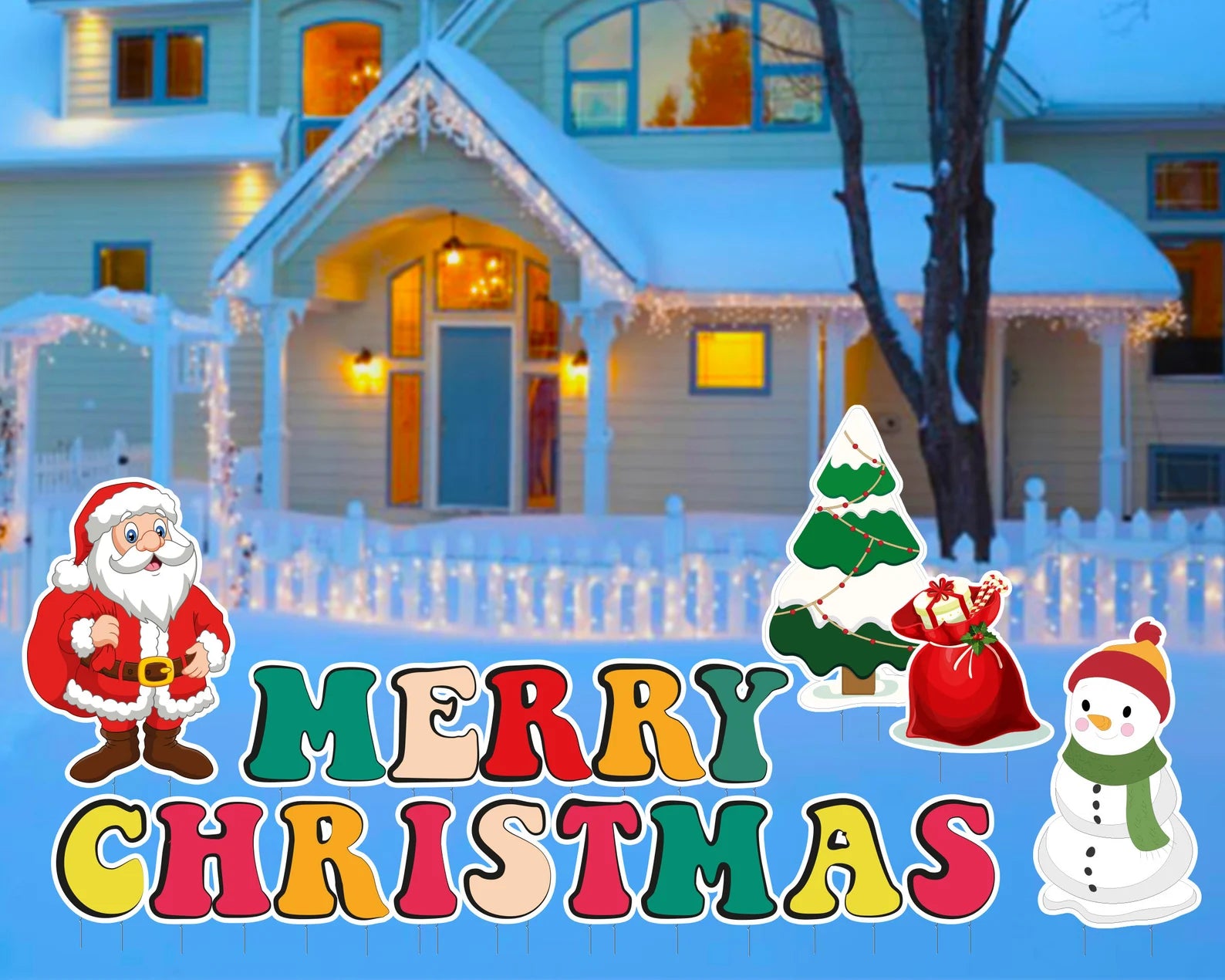 Merry Christmas Santa, Snowman and Tree Lawn Sign